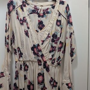 Free People Cream Long-Sleeve Midi Dress with Purple Floral Print